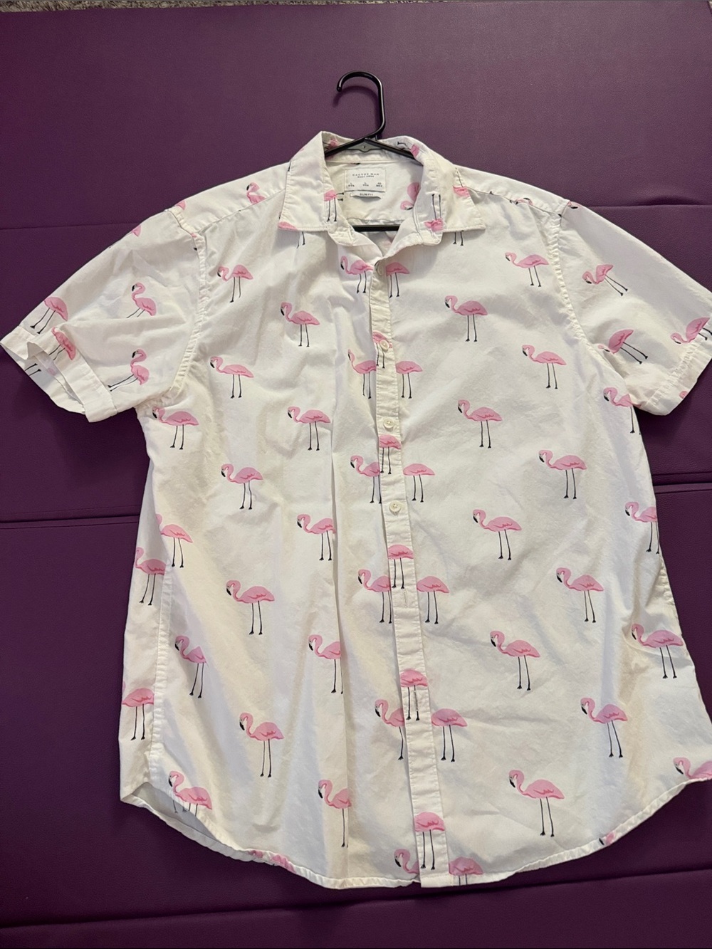 Casual White Short-Sleeve Button-Down Shirt with Pink Flamingo Print